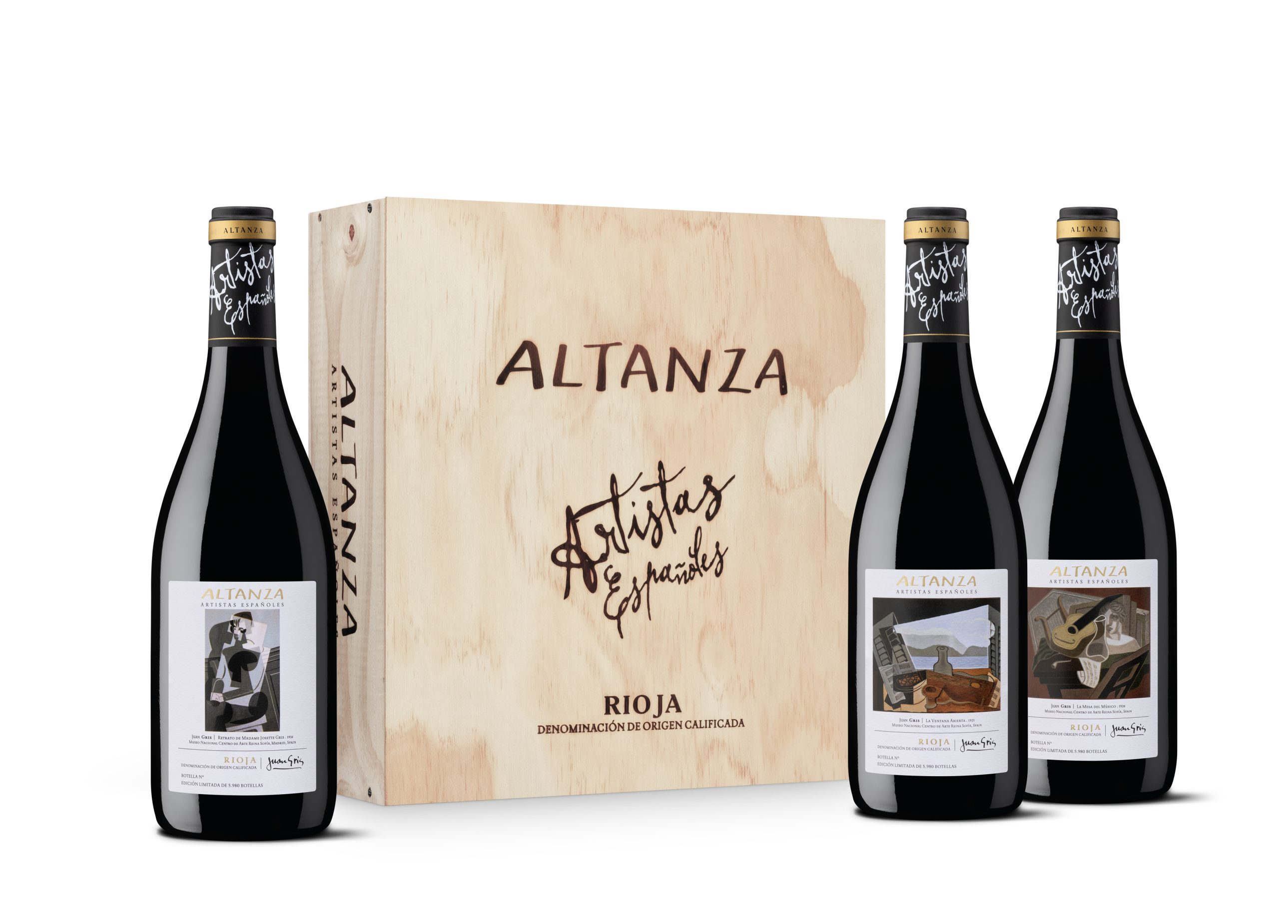 Fotografía de estuche de madera de botellas de vino de artistas bodegas altanza